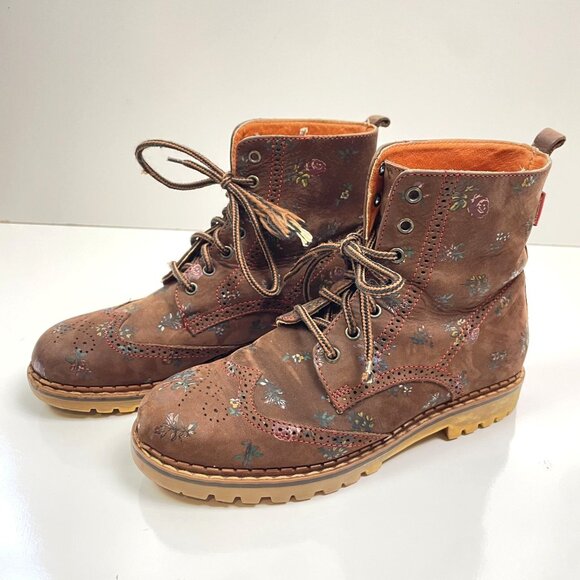 Roccia Women's Lace Up Combat Boots size 6.5 Italian Leather with Flowers EU 37 - Picture 1 of 16